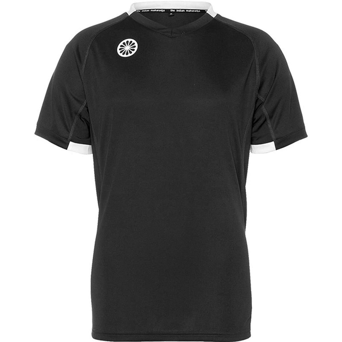 Vooraanzicht van het zwarte Indian Maharadja Tech Tee jongensshirt met wit logo op de borst