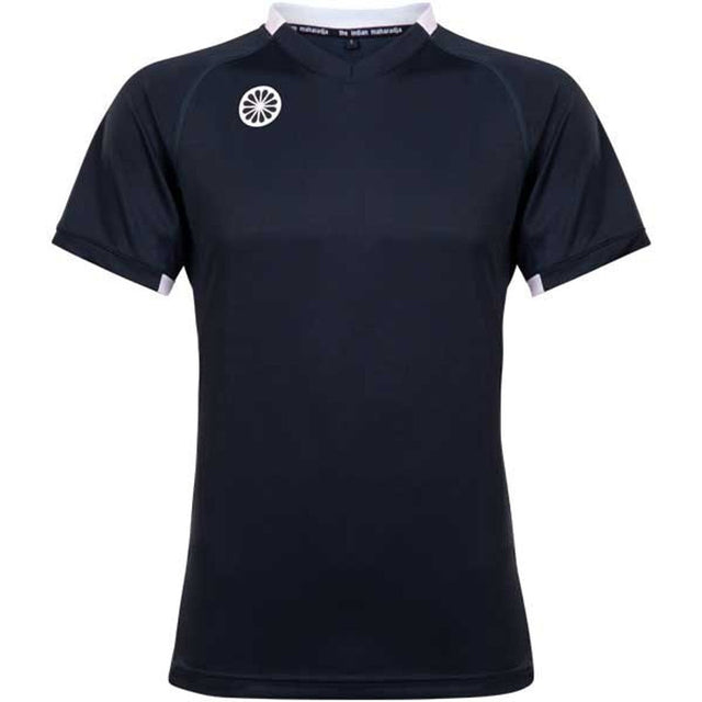 The Indian Maharadja Shirt Boys Tech Tee Navy, vooraanzicht met wit logo en witte kraagrand