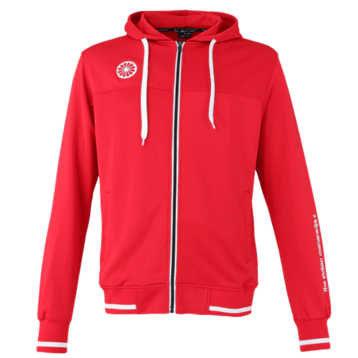 Vooraanzicht van het rode Indian Maharadja Tech Hooded vest met rits, capuchon en witte koorden