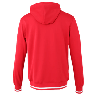 Achteraanzicht van het rode Tech Hooded vest met capuchon en wit gestreepte zoomboord