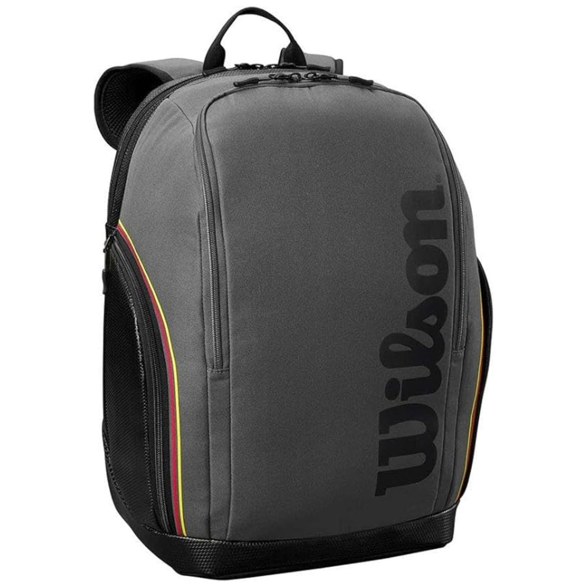 Wilson Tour rugzak in grijs met zwart logo en oranje bies, vooraanzicht