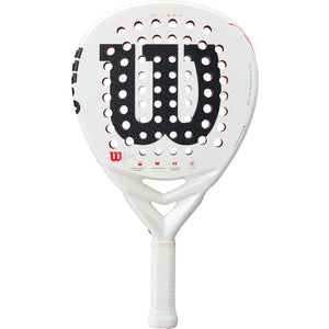 Wilson Bela LS V3 padelracket in wit met zwart W-logo en rode noppen, vooraanzicht
