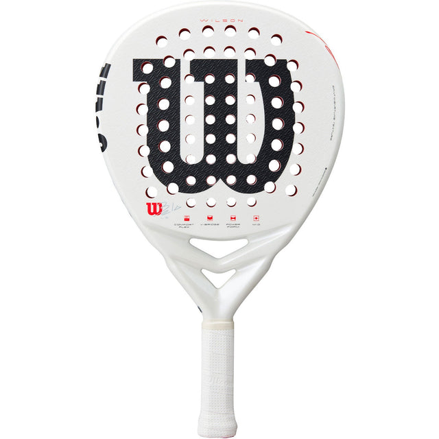 Wilson Bela LS V3 padelracket in wit met zwart W-logo en rode noppen, vooraanzicht