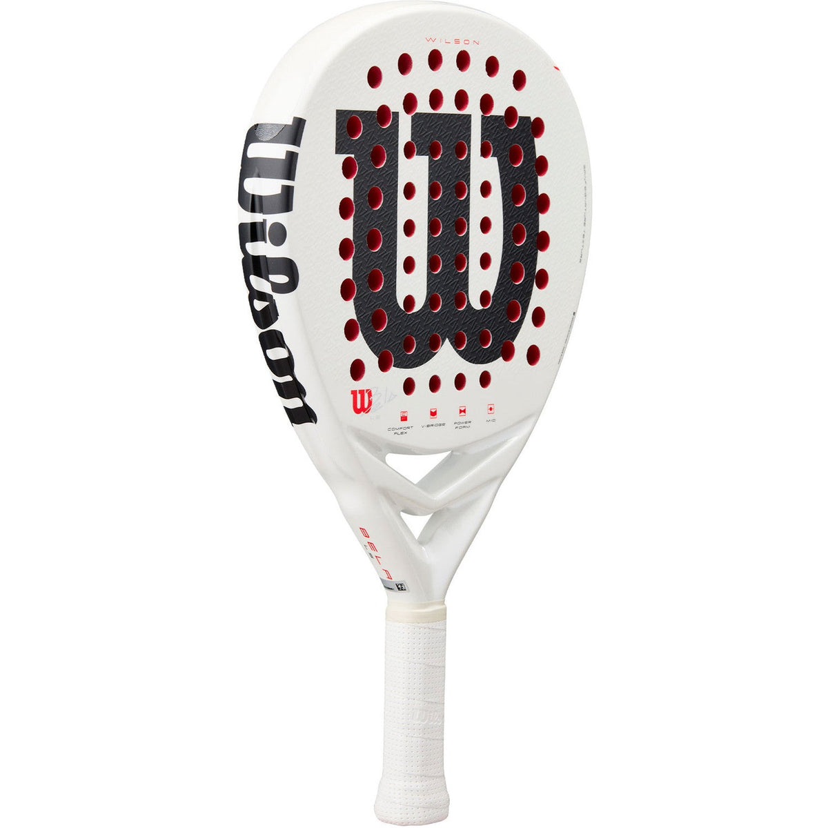 Wilson Bela LS V3 padelracket schuin vooraanzicht, druppelvorm in wit met rood