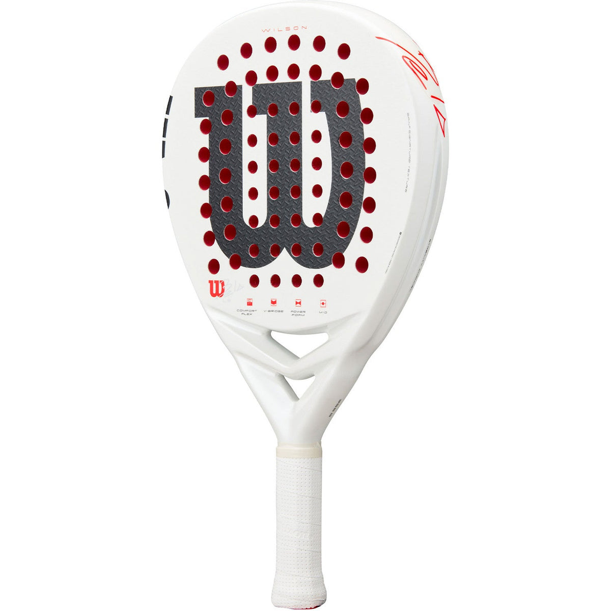 Achterzijde van het Wilson Bela LS V3 padelracket in wit met rode noppenrand