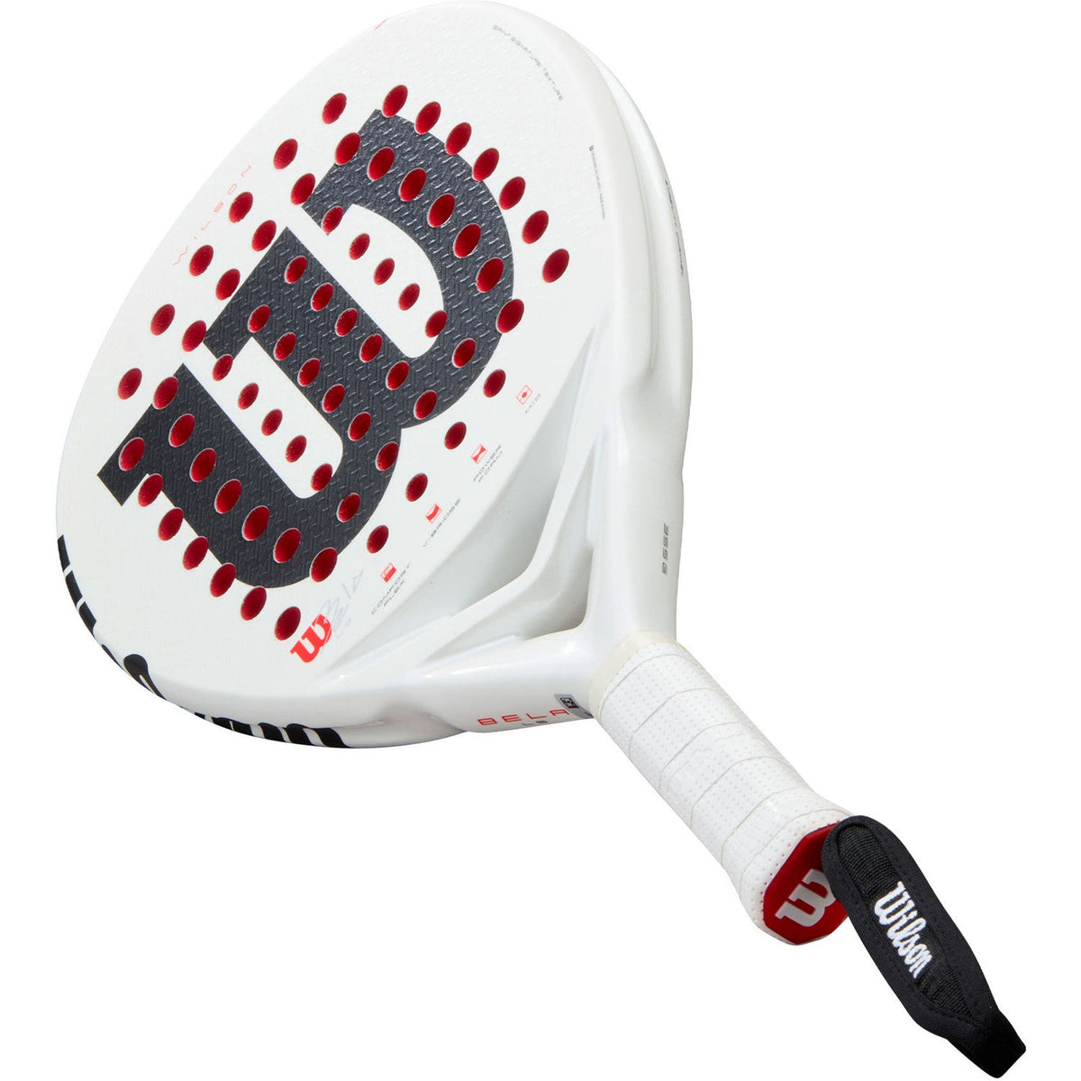 Wilson Bela LS V3 schuin van opzij met witte grip en zwarte Wilson-polsband