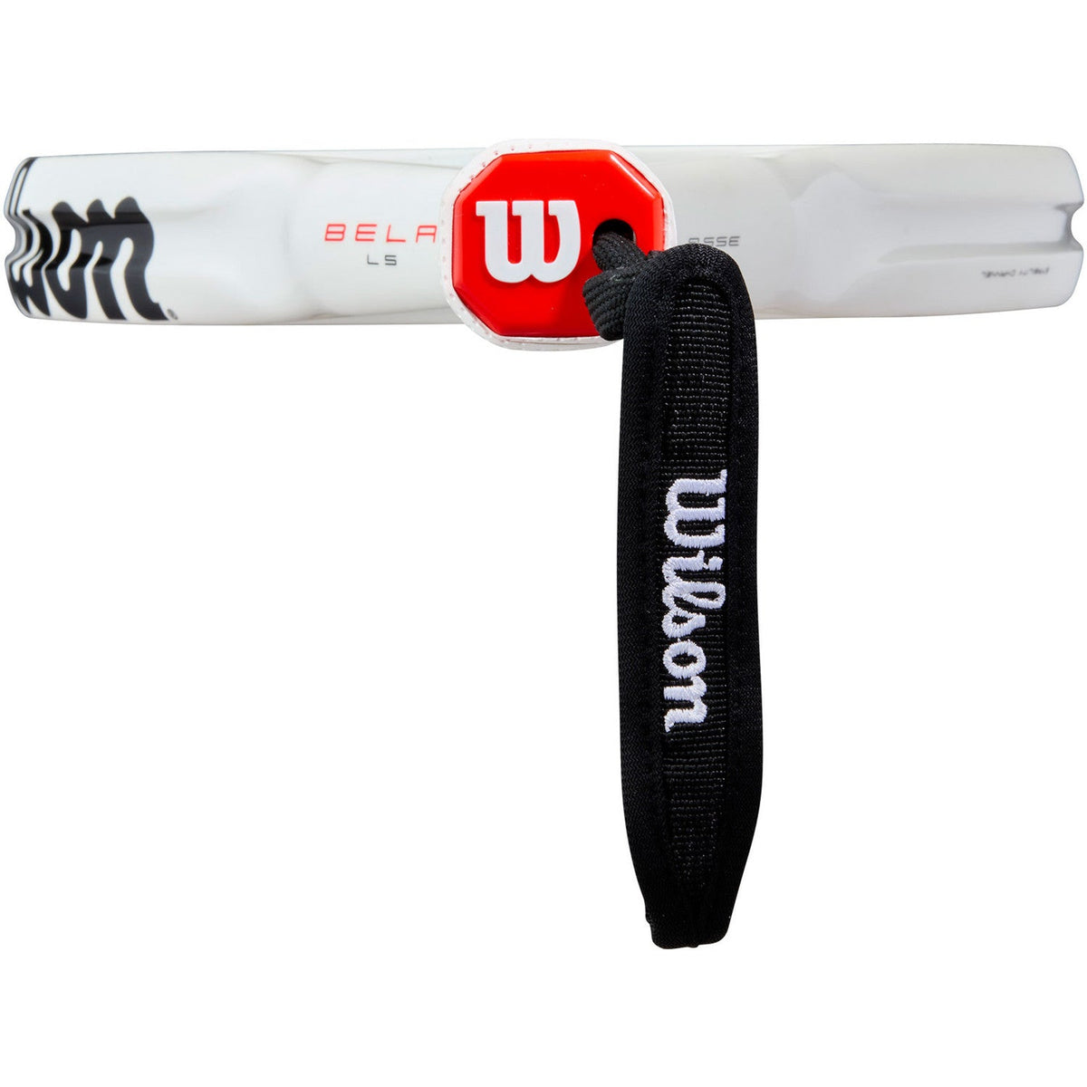 Zijaanzicht van de framerand van het Wilson Bela LS V3 met rood Wilson-logo
