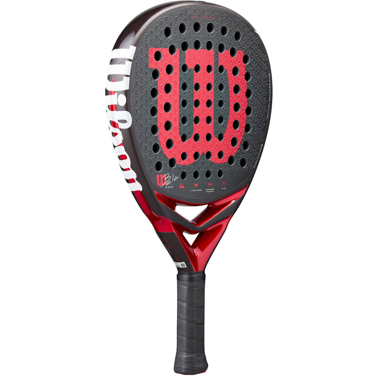 Wilson Bela Pro V3 padelracket schuin vooraanzicht, druppelvorm in zwart met rood