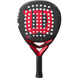 Wilson Bela V3 padelracket in donkergrijs met rood W-logo en witte noppen, vooraanzicht