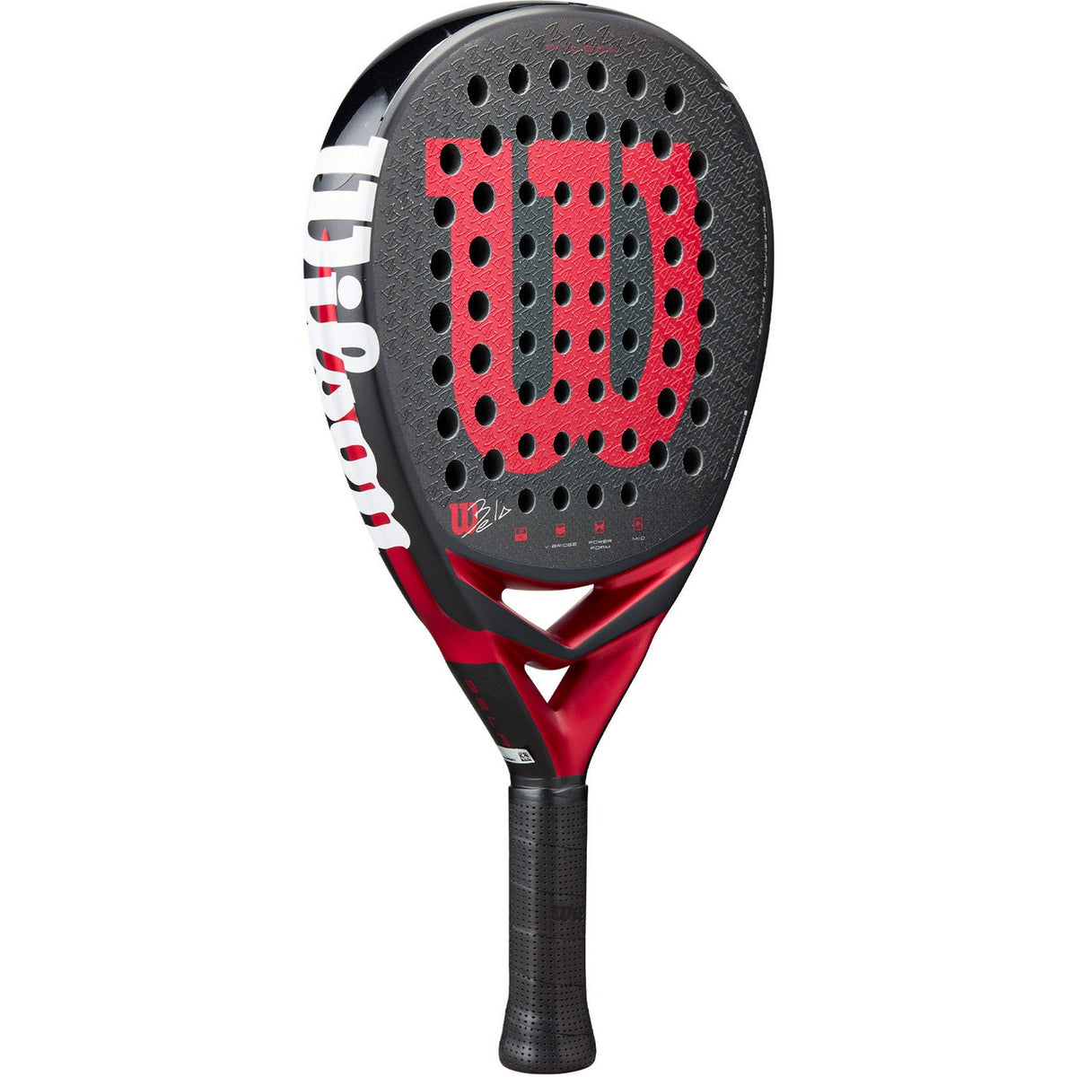 Wilson Bela V3 padelracket schuin vooraanzicht, druppelvorm in grijs met rood