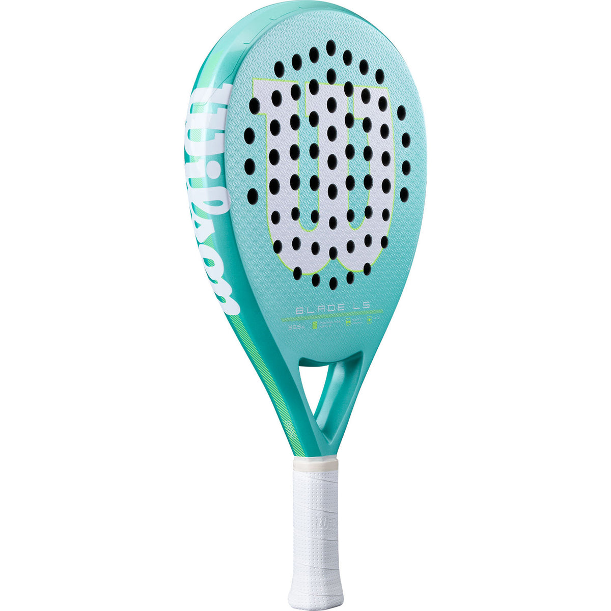 Wilson Blade LS V4 padelracket schuin vooraanzicht, druppelvorm in turquoise