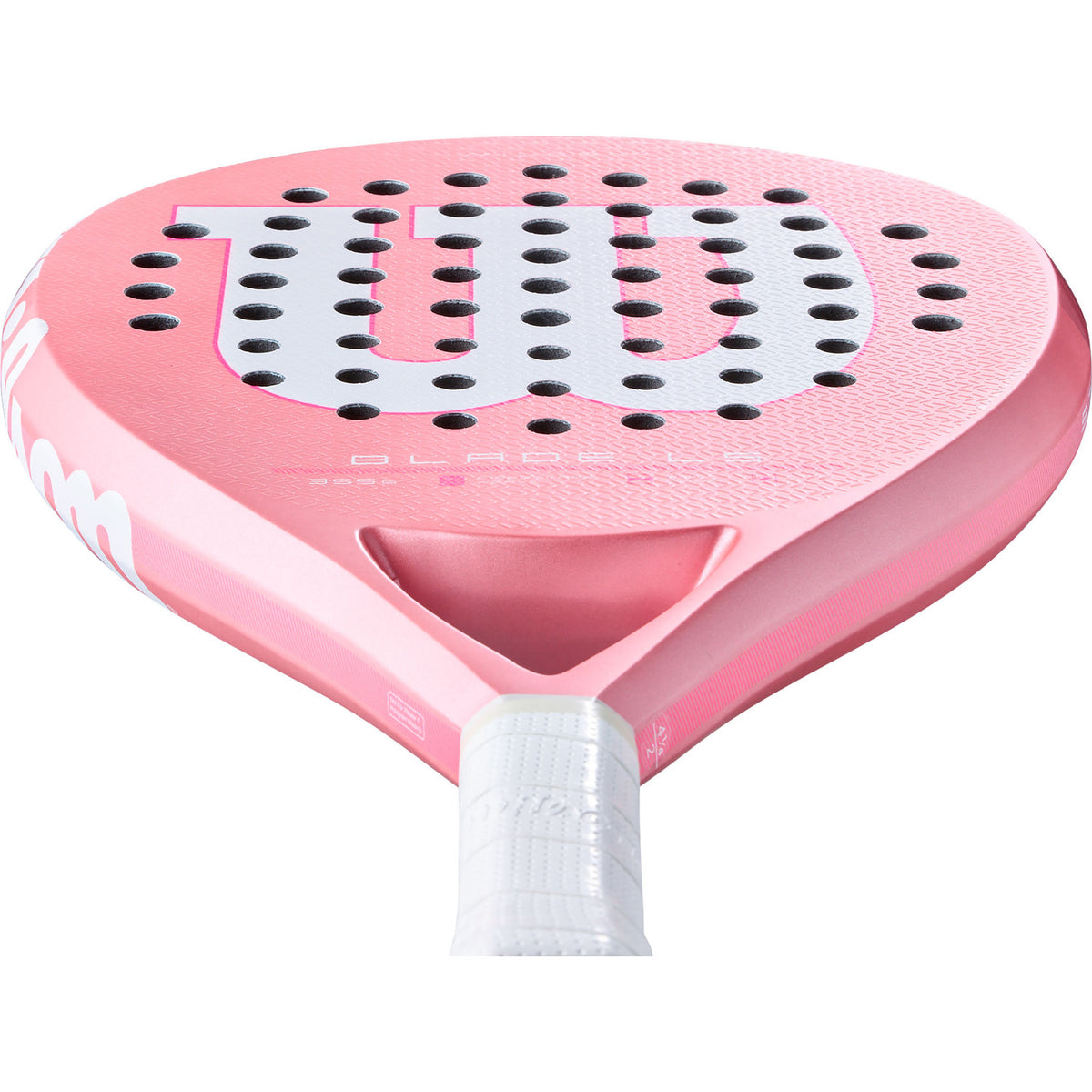 Bovenaanzicht van het roze Wilson Blade LS V4 met wit Wilson-logo