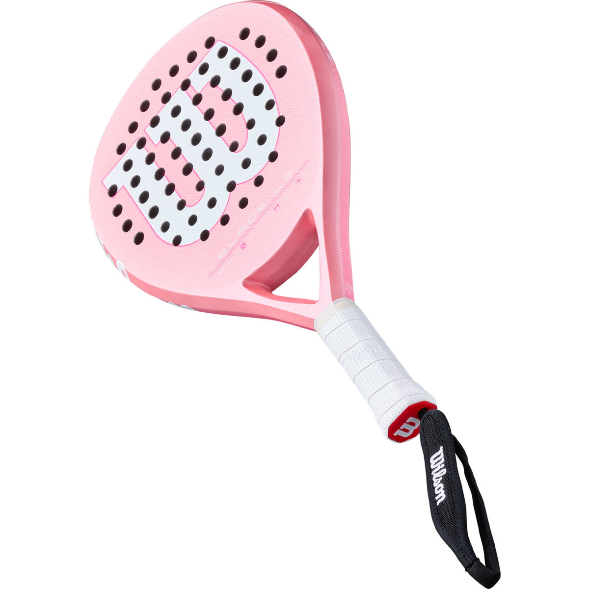 Roze Wilson Blade LS V4 padelracket schuin liggend met Wilson-polsband