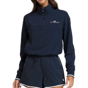 Wilson Davenport sweater met halve rits in donkerblauw, vooraanzicht gedragen