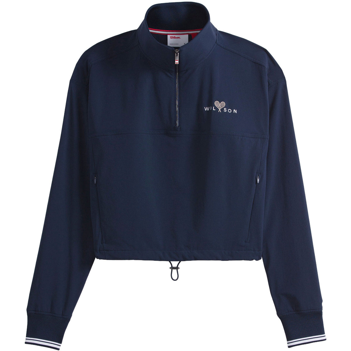 Donkerblauwe Wilson Davenport sweater plat gefotografeerd met opstaande kraag