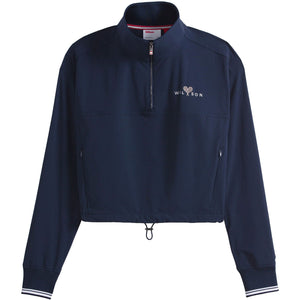 Donkerblauwe Wilson Davenport sweater plat gefotografeerd met opstaande kraag
