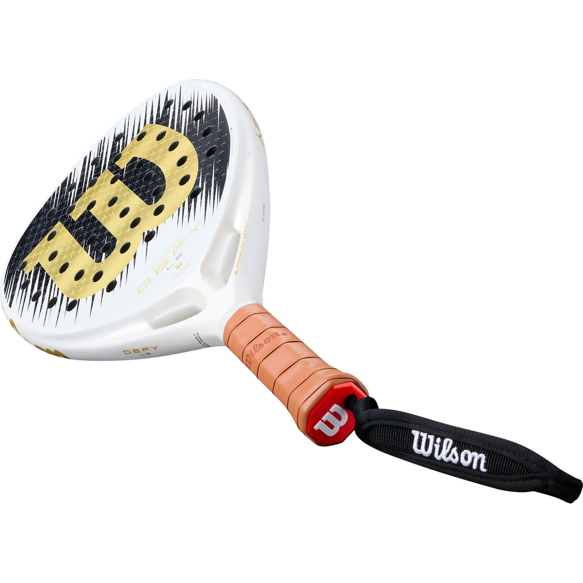 Wilson Defy LS SE V1 padelracket schuin liggend met bruine grip en polsband