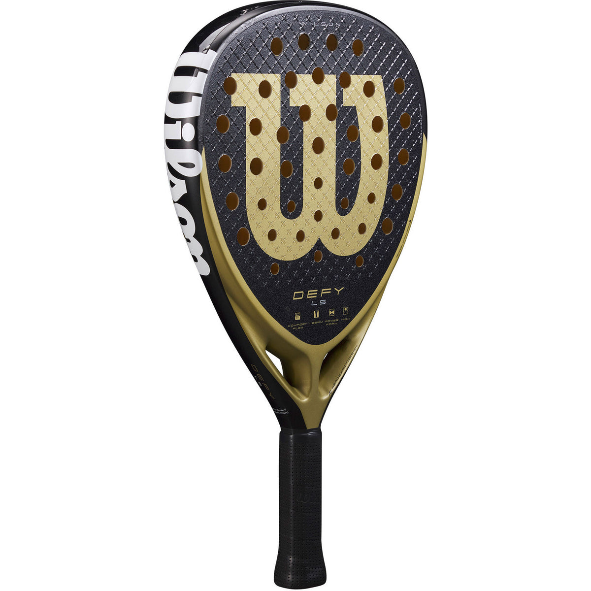 Wilson Defy LS V1 padelracket schuin vooraanzicht, diamantvorm in zwart en goud