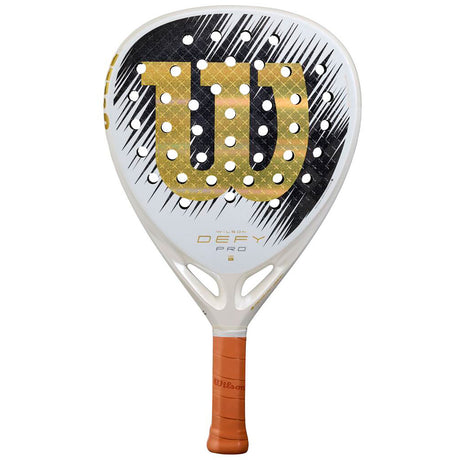Wilson Defy Pro SE V1 padelracket in wit met goud en zwart, vooraanzicht
