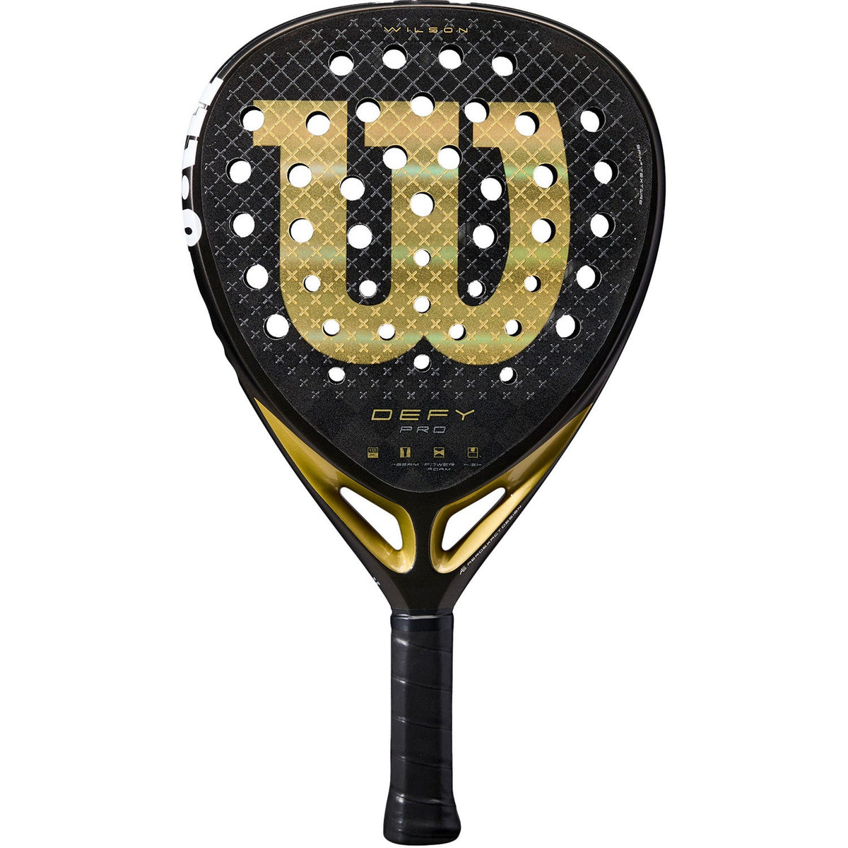 Wilson Defy Pro V1 padelracket in zwart met goudkleurig W-logo, vooraanzicht