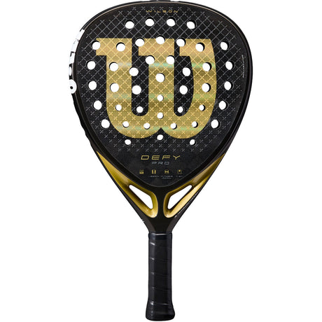 Wilson Defy Pro V1 padelracket in zwart met goudkleurig W-logo, vooraanzicht