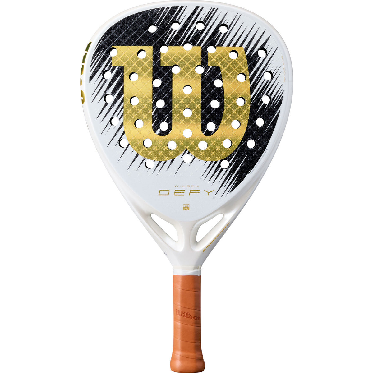 Wilson Defy SE V1 padelracket in wit met goud en zwart, vooraanzicht