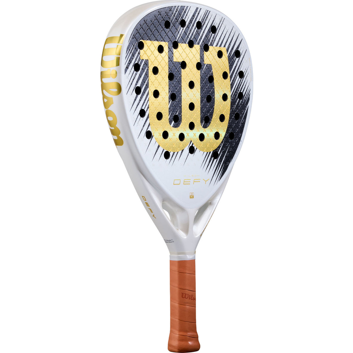 Wilson Defy SE V1 padelracket schuin vooraanzicht, diamantvorm in wit en goud