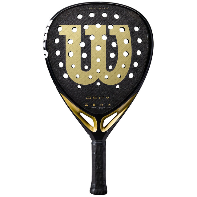 Raquete de padel Wilson Defy V1 em preto com logótipo «W» dourado e saliências brancas, vista frontal