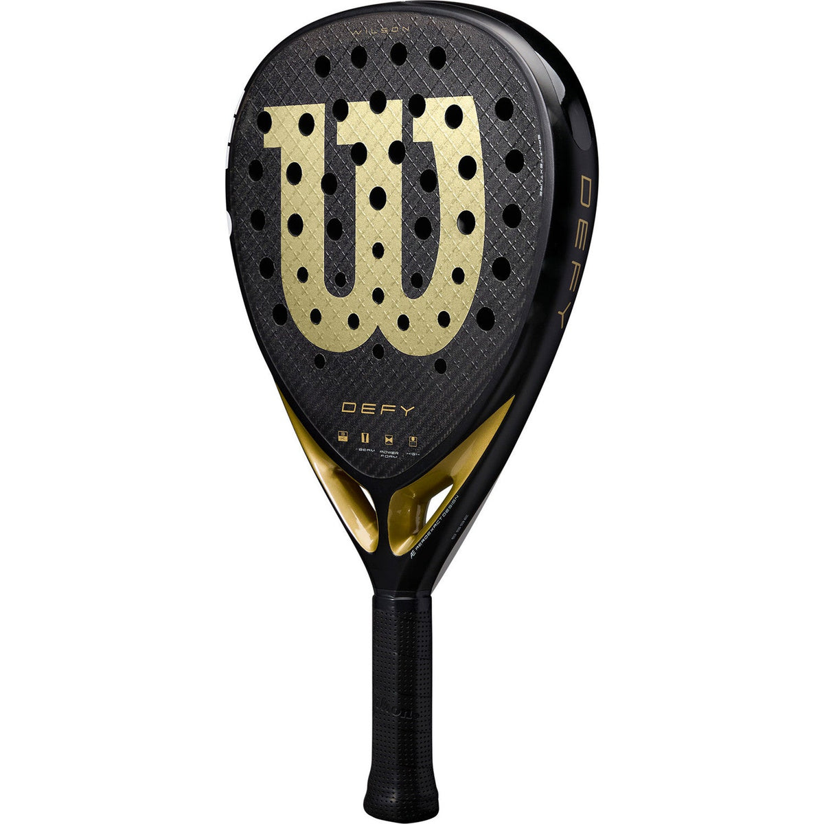 Parte traseira da raquete de padel Wilson Defy V1 em preto com o logótipo «W» dourado