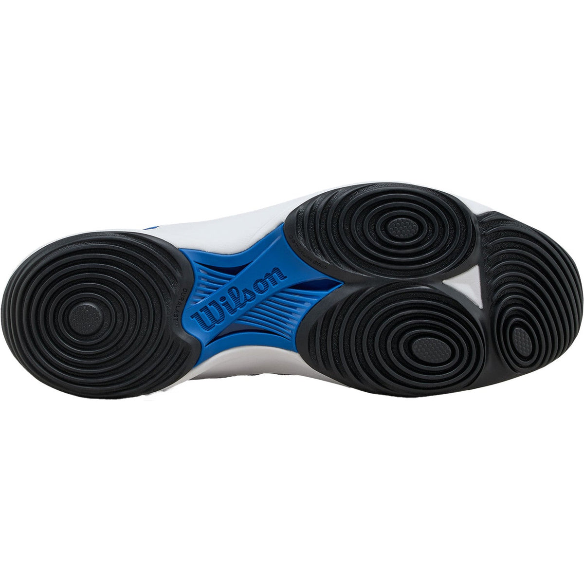 Zwarte zool van de Wilson Hurakn Pro V2 met ronde draaivlakken en blauw logo
