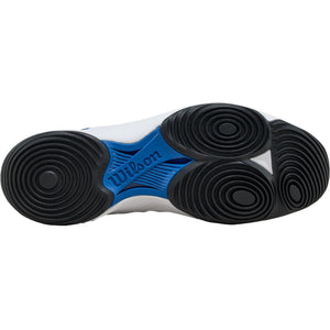 Zwarte zool van de Wilson Hurakn Pro V2 met ronde draaivlakken en blauw logo