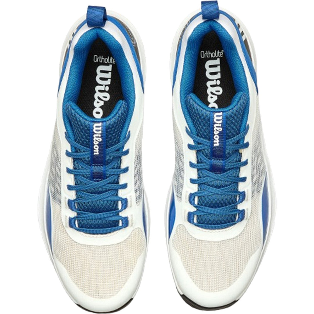 Bovenaanzicht van een paar Wilson Hurakn Pro V2 in wit met blauw