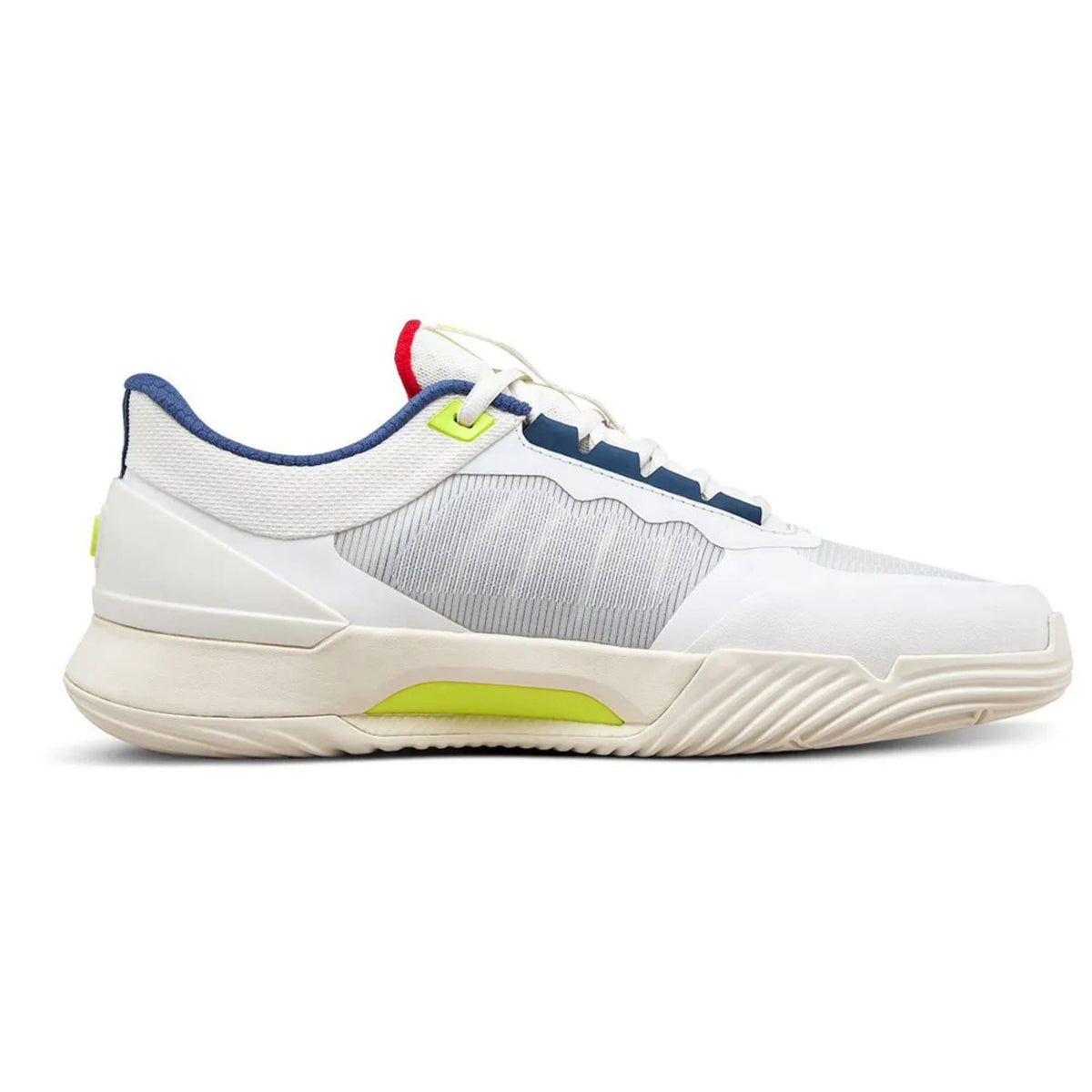 Wilson Intrigue Tour in wit met blauw en neongeel, zijaanzicht buitenkant