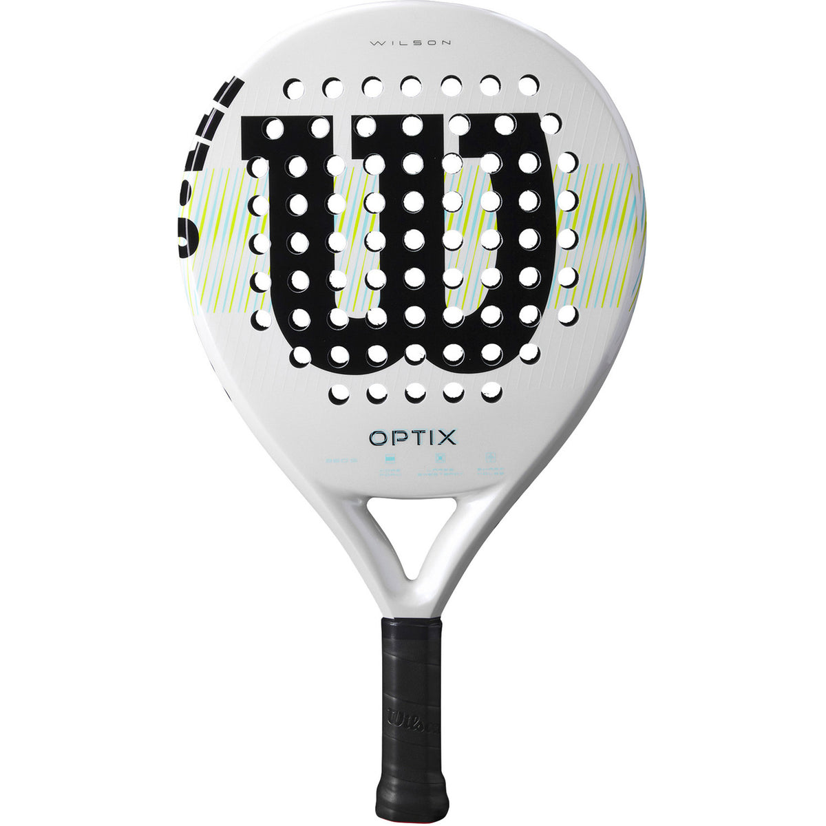 Wilson Optix padelracket in wit met zwart logo, vooraanzicht