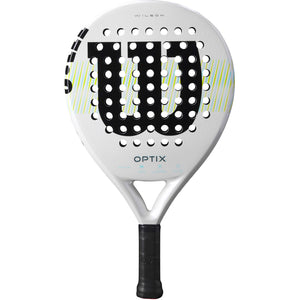 Wilson Optix padelracket in wit met zwart logo, vooraanzicht