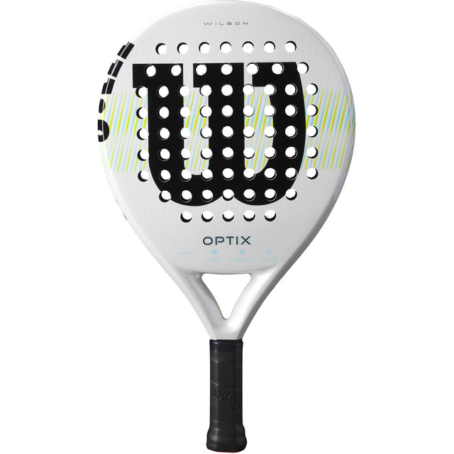 Wilson Optix padelracket in wit met zwart logo, vooraanzicht