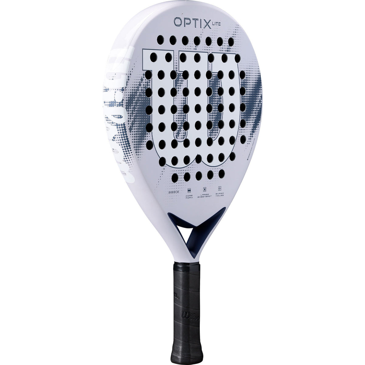 Wilson Optix Lite V2 padelracket schuin vooraanzicht, ronde vorm in wit en blauw