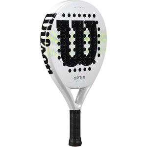 Wilson Optix padelracket schuin vooraanzicht, ronde vorm in wit