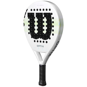 Achterzijde van het witte Wilson Optix padelracket met zwarte grip