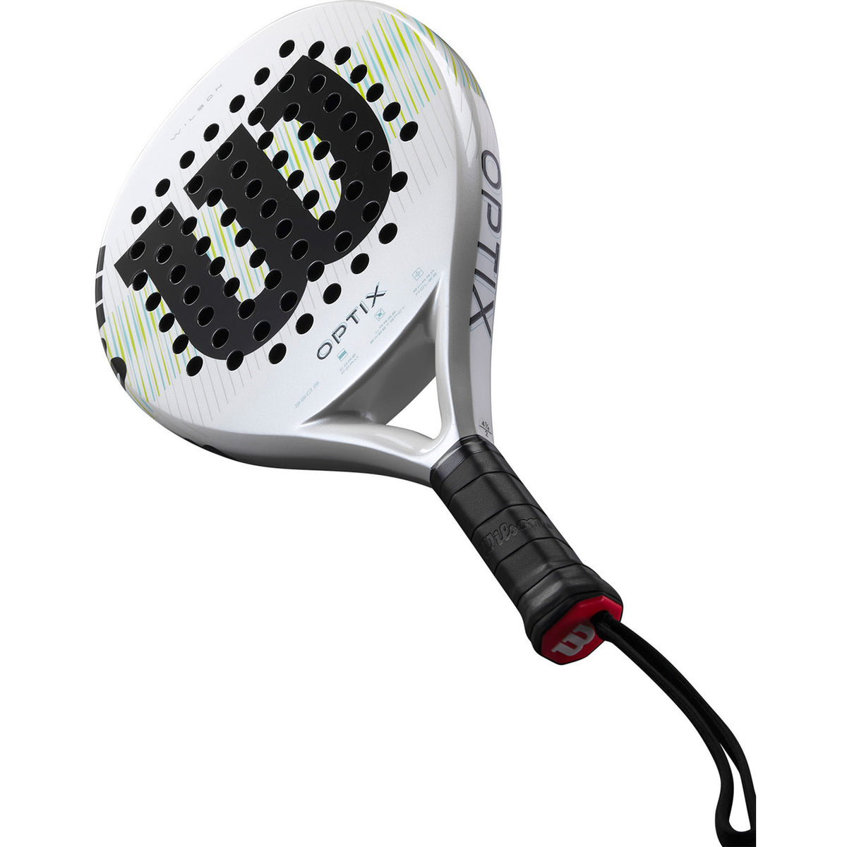 Wilson Optix padelracket schuin liggend met zwarte grip en polsband