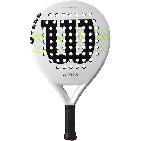 Wilson Optix V1 padelracket in wit met zwart logo, vooraanzicht