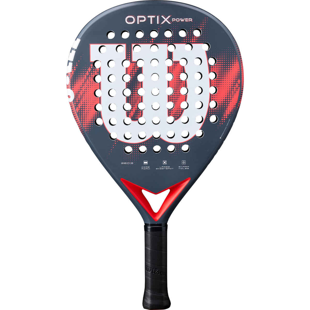 Wilson Optix V2 Power padelracket in grijs met rode accenten, vooraanzicht