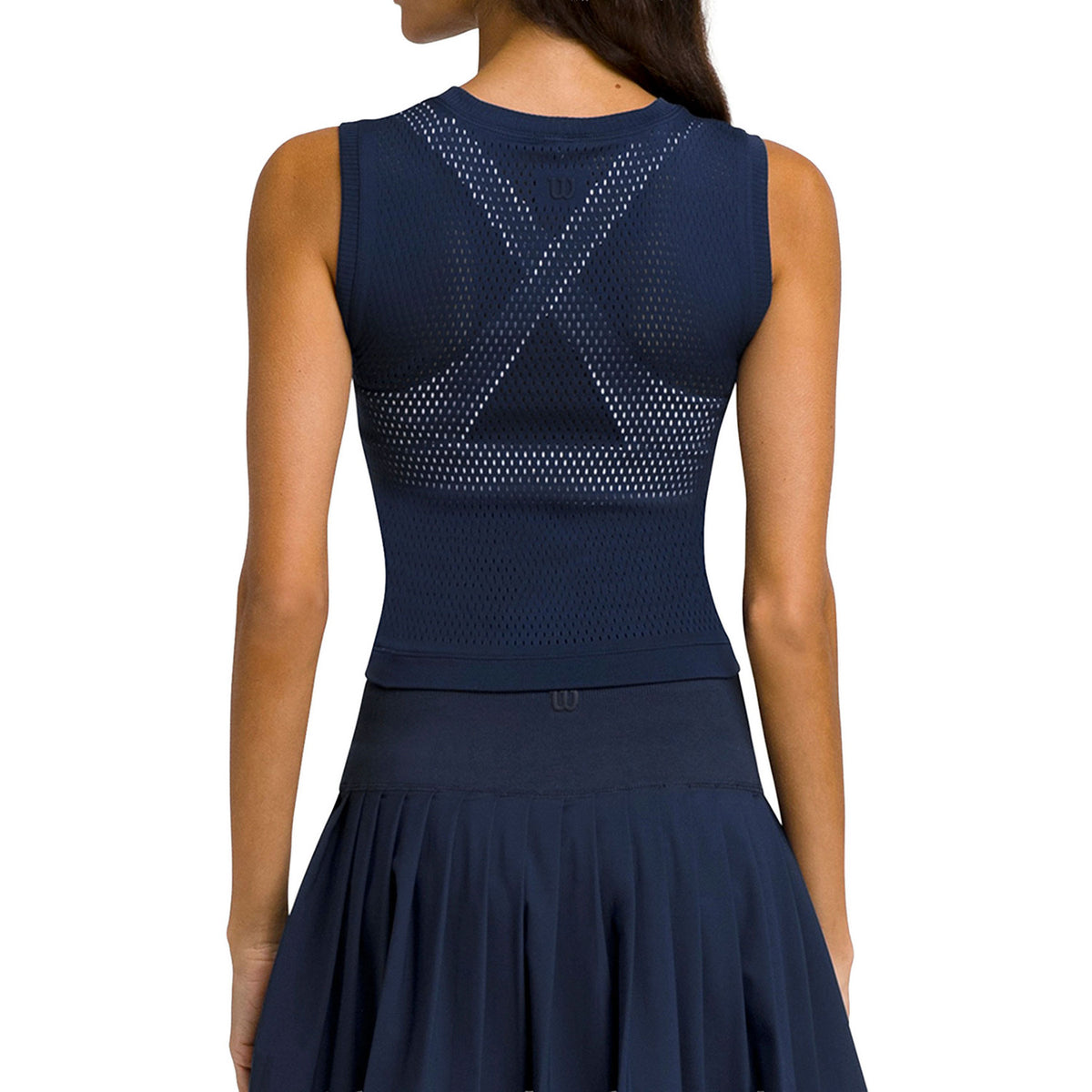 Achterzijde van de donkerblauwe Wilson Pro Seamless tanktop met meshpatroon
