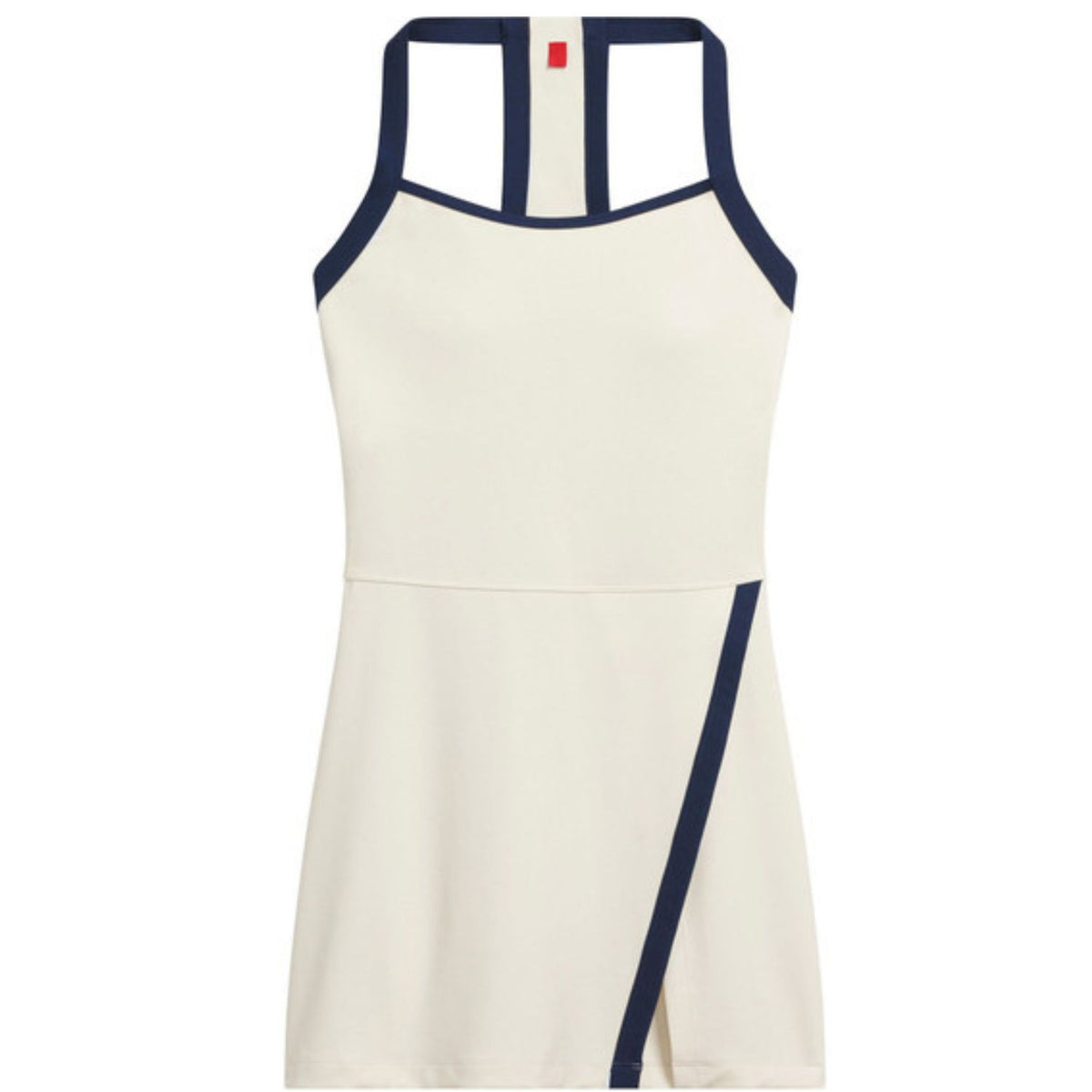Witte Wilson Rally halterjurk plat gefotografeerd met blauwe bandjes