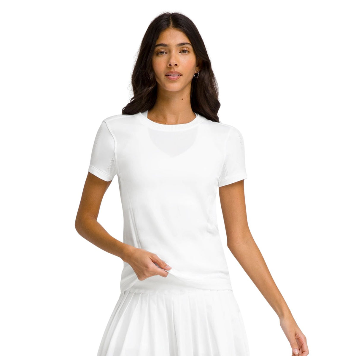 Wit Wilson Pro Seamless T-shirt voor dames met witte plisserok, vooraanzicht